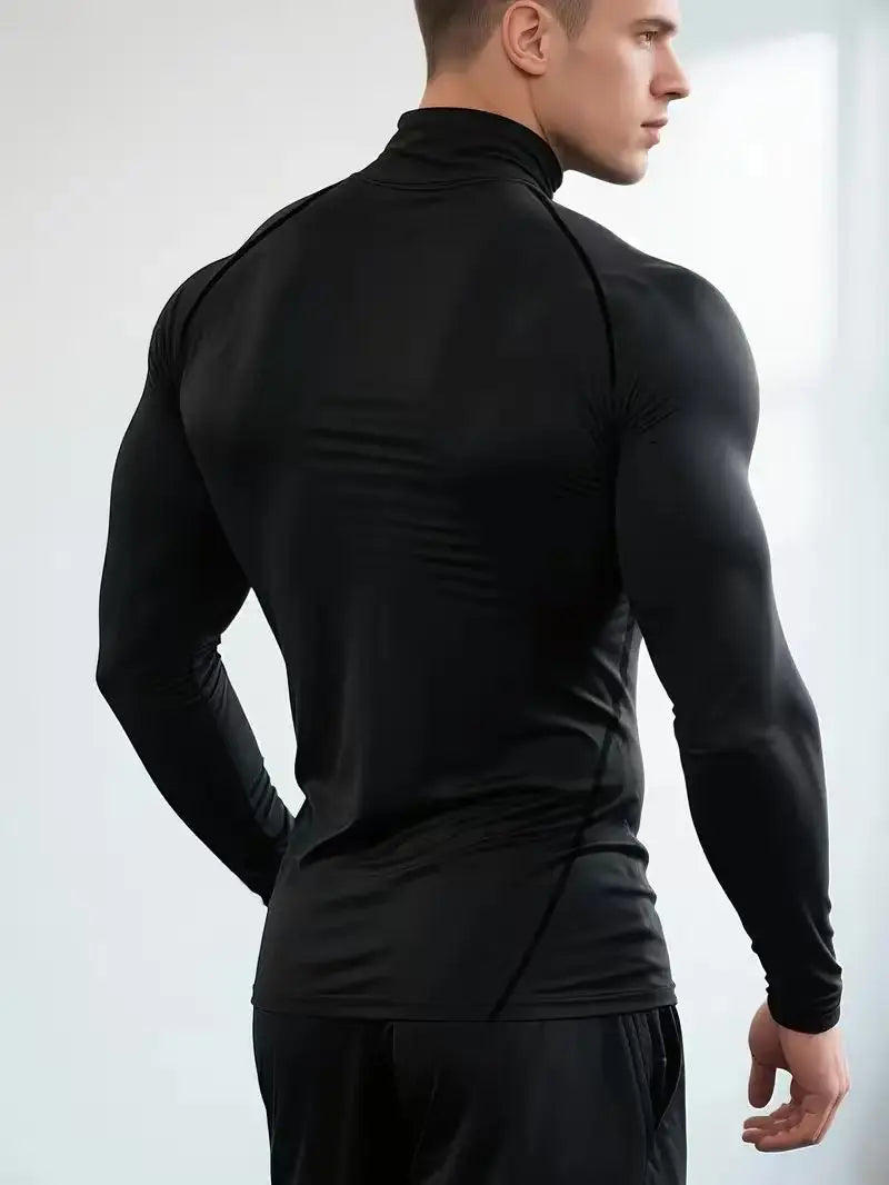 1Pc Men’s Compression Mock Neck Sports Shirt Big Spider Print Tight Long Sleeve Gym Training Smooth Stretch Workout Top