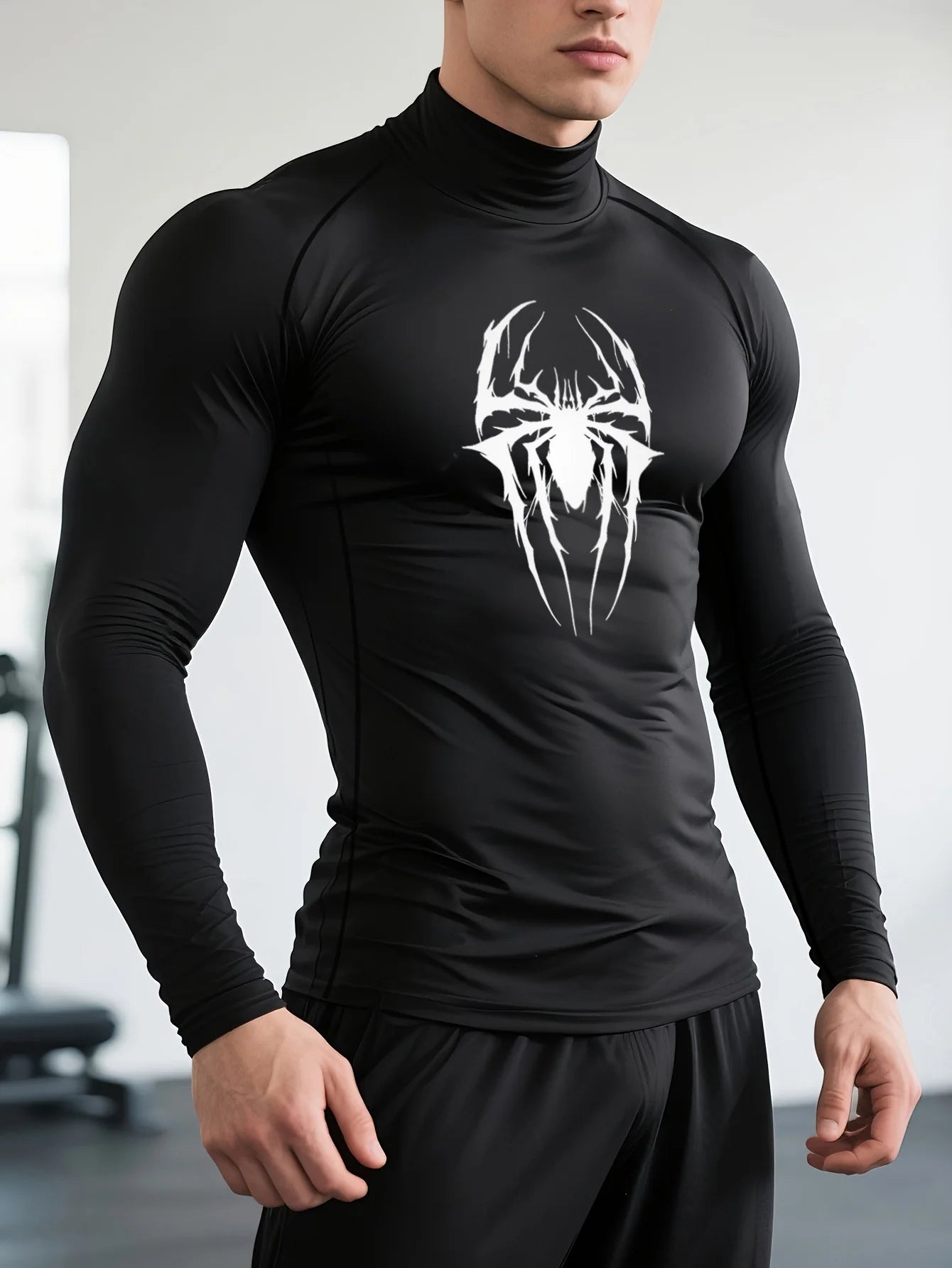 1Pc Men’s Compression Mock Neck Sports Shirt Big Spider Print Tight Long Sleeve Gym Training Smooth Stretch Workout Top