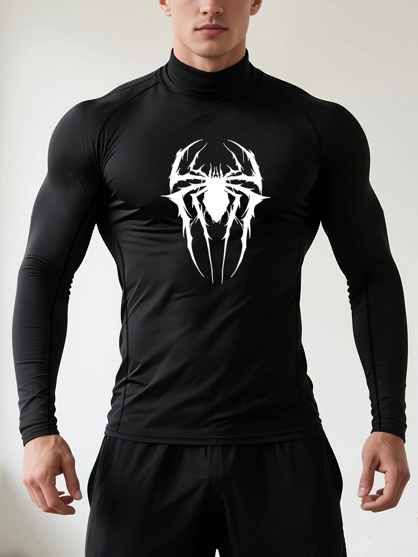 1Pc Men’s Compression Mock Neck Sports Shirt Big Spider Print Tight Long Sleeve Gym Training Smooth Stretch Workout Top